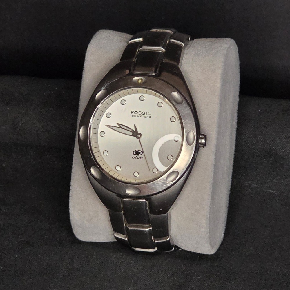 Fossil Blue Watch Mens Silver Tone Stainless Steel AM3299 Y2K